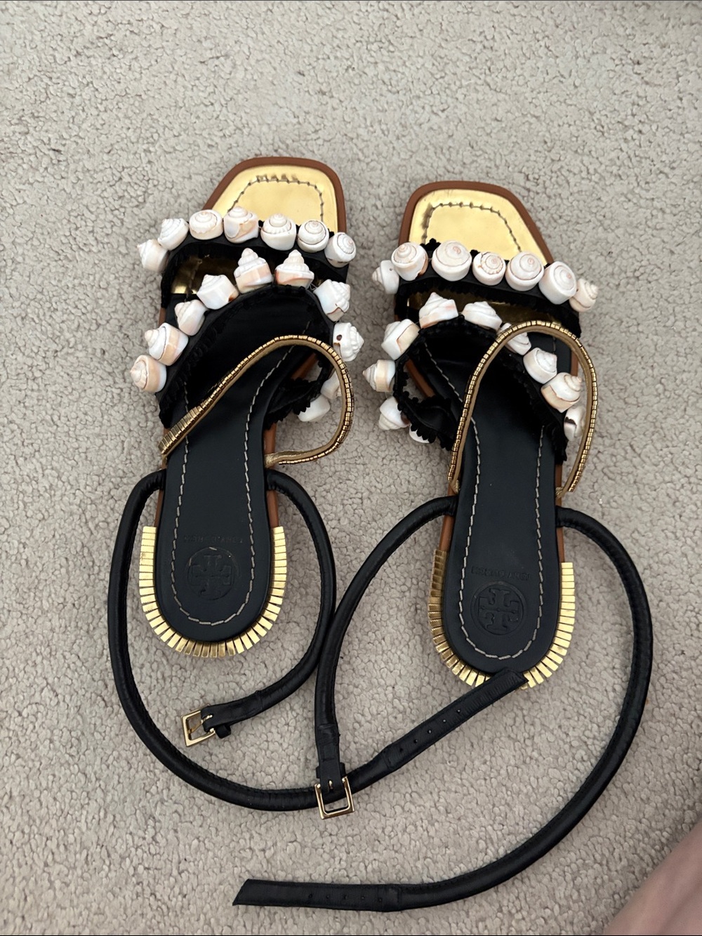Tory Burch Black Leather Shell-Embellished Ankle-Tie Sandals - Picture 1 of 2